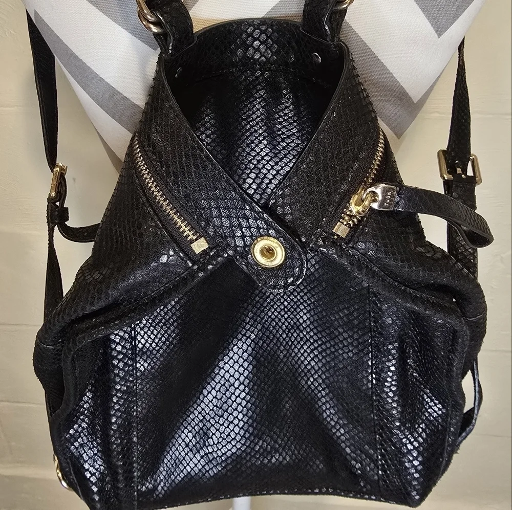 TUSK Small Gotham Snake Skin Leather Black Adj Strap Top Security Snap Backpack.